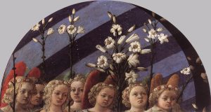 מלאכים עטורים בזרי ורדים ונושאי פרחי שושן בידיהם בטקס הכתרתה של מריה כמלכת השמים. (Filippo Lippi 1447)